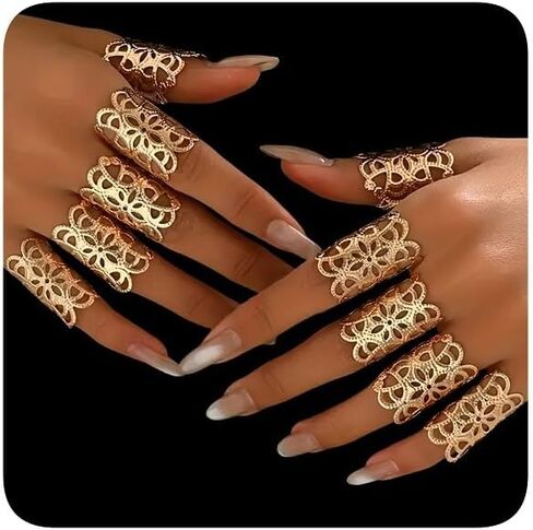 Vintage Gold Plated Floral Full Finger Statement Rings Set, Hollow Lace Design, Knuckle Rings for Women, 10 Pieces in Saudi Arabia