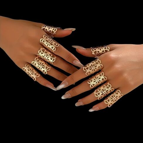 Vintage Gold Plated Floral Full Finger Statement Rings Set, Hollow Lace Design, Knuckle Rings for Women, 10 Pieces in Saudi Arabia