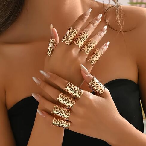 Vintage Gold Plated Floral Full Finger Statement Rings Set, Hollow Lace Design, Knuckle Rings for Women, 10 Pieces in Saudi Arabia