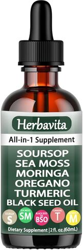 قطرات سائل Soursop 10 في 1 مع طحالب البحر، المورينغا، الكركم، زيت الحبة السوداء - نباتي، دعم المناعة والطاقة غير المعدلة وراثيًا - 2 أونصة سائلة in Saudi Arabia