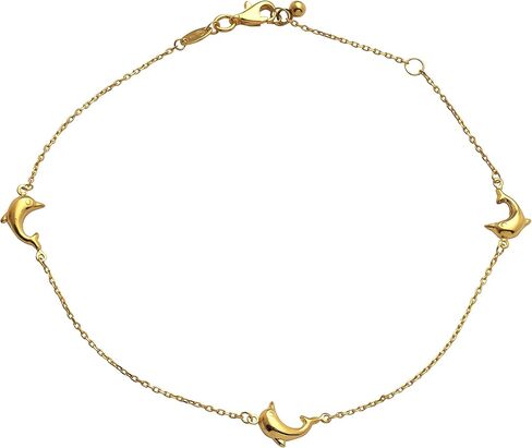 LoveBling 10k Yellow Gold .5mm Rolo Chain 3 High-Polished Dolphin Charm Anklet Adjustable from 9" to 10" (#92) in Saudi Arabia