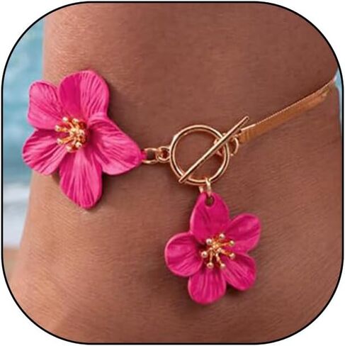 Boho White Flower OT Buckle Anklets for Women Dainty Snake Bone Chain Flowers Anklets Trendy Floral Toggle Clasp Ankle Bracelet Jewelry Accessories in Saudi Arabia