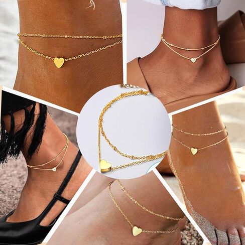 925 Silver Anklet for Women - Adjustable Chain with Heart & CZ Charm, Waterproof Layered Anklet, Trendy Jewelry Gift in Saudi Arabia