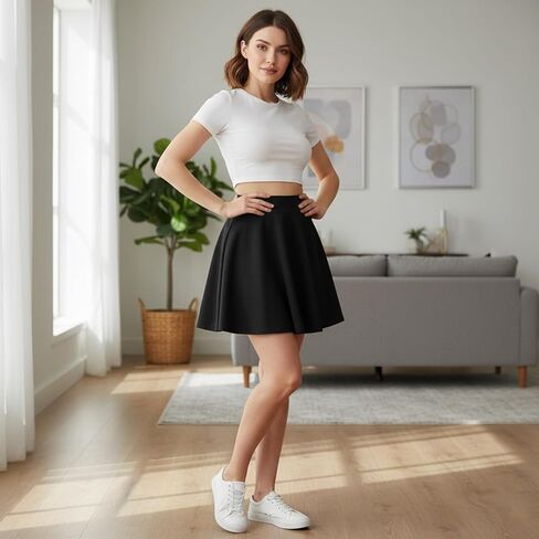 Black Basic Flared Stretchy Mini Skirt, Casual A-Line Skate Style, Versatile Daily Wear Outfit in Saudi Arabia