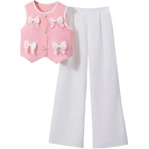 Girl's 2 Piece Outfits Bowknot Button Down Vest Tops and Dress Pants Set Elegant Clothing Sets in Saudi Arabia