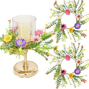 قطعتان من حلقات شموع الزهور البرية الاصطناعية، مع حلقات شموع ديزي بيب بيري اكاليل الزهور الصغيرة، مركز 4 بوصة لشمعة العمود، ديكور باب المنزل لحفلات الزفاف الصيفية (متعدد الألوان) in Kuwait