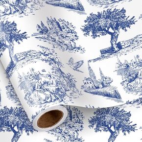 Ruspepa Blue and White Floral Rapping Roll ، ورقة تغليف Toile القديمة لعيد الميلاد ، الذكرى السنوية ، حفل زفاف ، دش الزفاف - 17 بوصة × 16.4 قدم in Kuwait