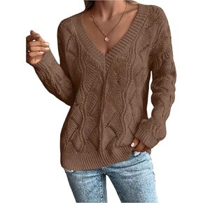 Women's Crochet Knit Sweater V Neck Loose Pullover Sweaters Fall Jumper in Saudi Arabia