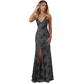 Floral Sequin Prom Dresses for Women Spaghetti Strap V Neck Mermaid Bodycon Maxi Cocktail Party Gown with Slit in Kuwait