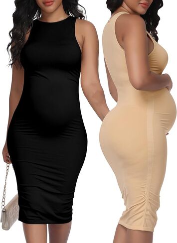 Women's Maternity Sleeveless Ruched Dress,Pregnancy Belly Support Fitted Midi Tank Dresses for Baby Shower Photoshoot in Saudi Arabia