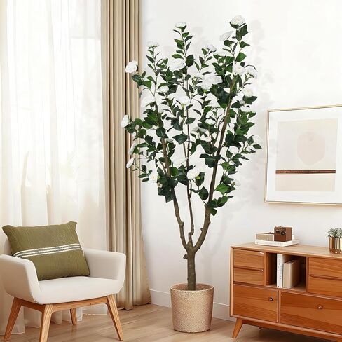 6.5ft Tall Camellia Artificial Tree, Handmade Faux Floral Camellia Tree, Pink White Blooming Flowers & Green Leaves, Artificial Plants for Home Front Door Decor Indoor Outdoor Party Wedding in Saudi Arabia