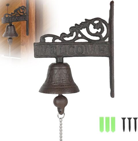 Cast Iron Doorbell Rustic Vintage Metal Dinner Bell Outdoor Hanging Entry Door Bell Bracket Mount Wall Bell Outside Hanging Decor for Outside Front Door Garden Home Clear Sound (Black-C) in Saudi Arabia