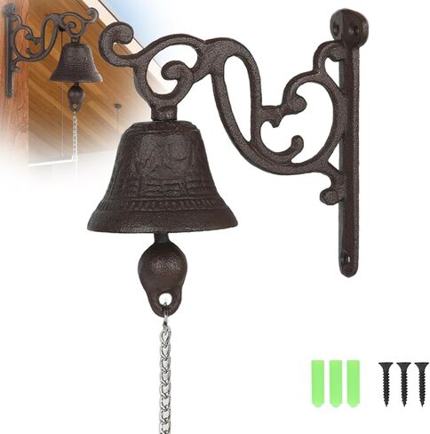 Cast Iron Doorbell Rustic Vintage Metal Dinner Bell Outdoor Hanging Entry Door Bell Bracket Mount Wall Bell Outside Hanging Decor for Outside Front Door Garden Home Clear Sound (Black-C) in Saudi Arabia