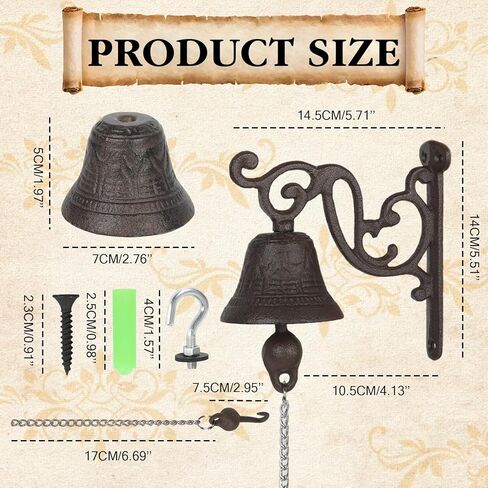 Cast Iron Doorbell Rustic Vintage Metal Dinner Bell Outdoor Hanging Entry Door Bell Bracket Mount Wall Bell Outside Hanging Decor for Outside Front Door Garden Home Clear Sound (Black-C) in Saudi Arabia