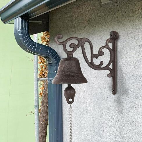 Cast Iron Doorbell Rustic Vintage Metal Dinner Bell Outdoor Hanging Entry Door Bell Bracket Mount Wall Bell Outside Hanging Decor for Outside Front Door Garden Home Clear Sound (Black-C) in Saudi Arabia