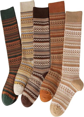 Women's Cotton Fair Isle Compression Socks – Knee-High Winter 5-Pack for Flying Comfort & Style, Brown Earth Tones in Saudi Arabia