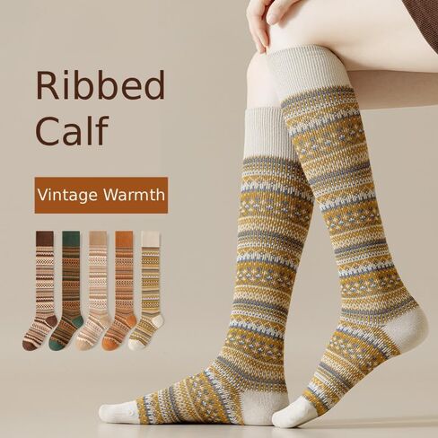 Women's Cotton Fair Isle Compression Socks – Knee-High Winter 5-Pack for Flying Comfort & Style, Brown Earth Tones in Saudi Arabia