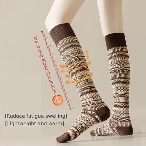 Women's Cotton Fair Isle Compression Socks – Knee-High Winter 5-Pack for Flying Comfort & Style, Brown Earth Tones in Saudi Arabia