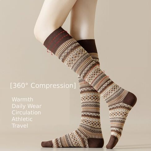 Women's Cotton Fair Isle Compression Socks – Knee-High Winter 5-Pack for Flying Comfort & Style, Brown Earth Tones in Saudi Arabia