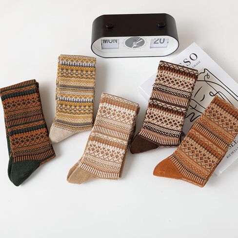 Women's Cotton Fair Isle Compression Socks – Knee-High Winter 5-Pack for Flying Comfort & Style, Brown Earth Tones in Saudi Arabia