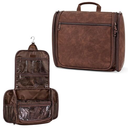 PAVILIA Large Hanging Toiletry Bag Travel Bag Women Men, PU Leather Cosmetic Organizer, Water Resistant Makeup Bag Accessories Toiletries, Travel Essentials Kit, Brown in Saudi Arabia