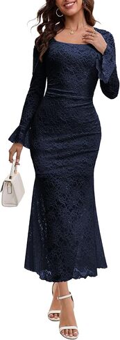 فستان نسائي أنيق 2025 بأكمام طويلة من الدانتيل فستان ماكسي مثير برقبة مربعة للخريف وحفلات الزفاف وحفلات الكوكتيل in Kuwait