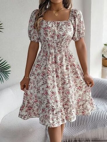 Women Bubble Sleeve Floral Leisure Holiday Drawstring Summer Square Neck Print Dress in Saudi Arabia