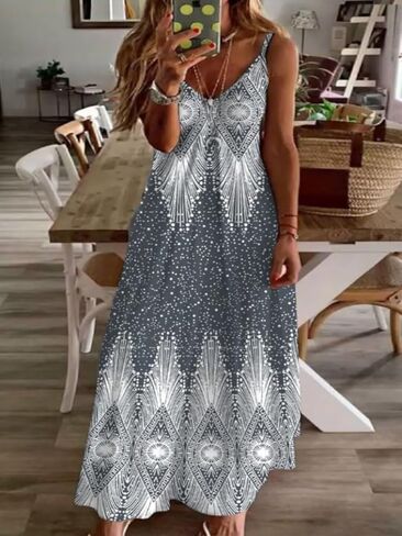 Women's Fashion Casual Elegant Vacation Bohemian Random Print Spaghetti Strap Beach Dress in Saudi Arabia