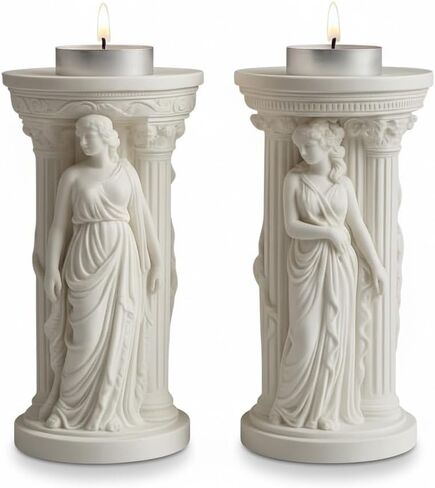 Greek Goddess Candle Holders – Set of 2 Handmade Stone Powder Pillar Stands, Neoclassical White Sculpture Décor for Living Room, Shelf & Entryway – Handmade by Mireva in Saudi Arabia