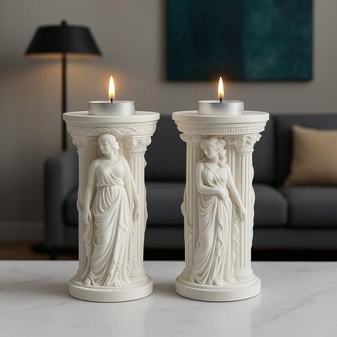 Greek Goddess Candle Holders – Set of 2 Handmade Stone Powder Pillar Stands, Neoclassical White Sculpture Décor for Living Room, Shelf & Entryway – Handmade by Mireva in Saudi Arabia