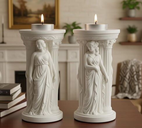 Greek Goddess Candle Holders – Set of 2 Handmade Stone Powder Pillar Stands, Neoclassical White Sculpture Décor for Living Room, Shelf & Entryway – Handmade by Mireva in Saudi Arabia