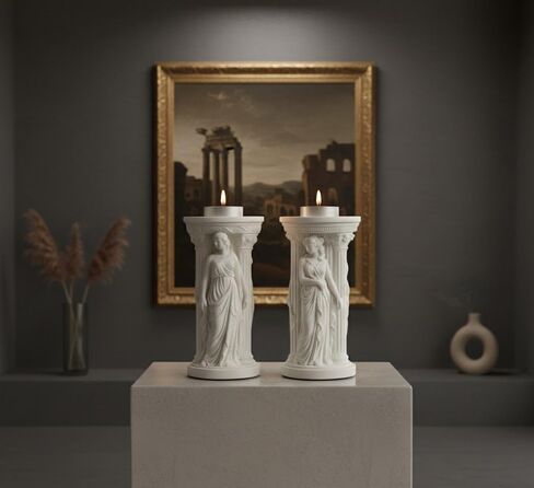 Greek Goddess Candle Holders – Set of 2 Handmade Stone Powder Pillar Stands, Neoclassical White Sculpture Décor for Living Room, Shelf & Entryway – Handmade by Mireva in Saudi Arabia