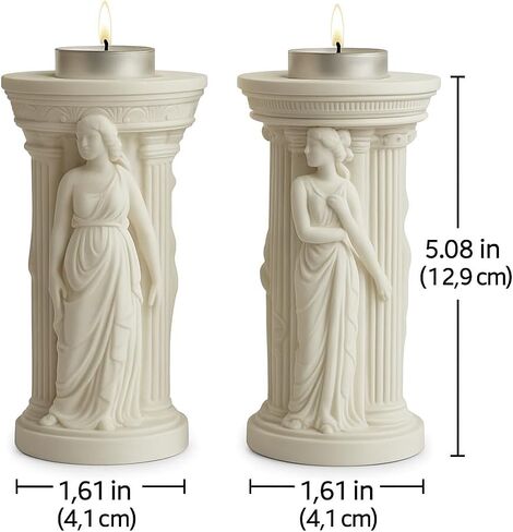 Greek Goddess Candle Holders – Set of 2 Handmade Stone Powder Pillar Stands, Neoclassical White Sculpture Décor for Living Room, Shelf & Entryway – Handmade by Mireva in Saudi Arabia