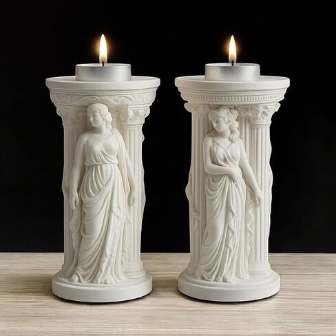 Greek Goddess Candle Holders – Set of 2 Handmade Stone Powder Pillar Stands, Neoclassical White Sculpture Décor for Living Room, Shelf & Entryway – Handmade by Mireva in Saudi Arabia