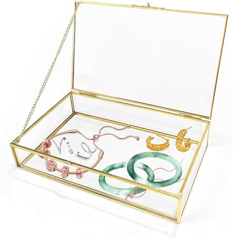 Gold Glass Jewelry Box, Vintage Glass Box with Lid with Chain Rectangle Keepsake Box Trinket Box Card Box Jewelry Display Organizer for Weddings, Events, Birthday Party(8.66x5.31x1.77in) in Saudi Arabia