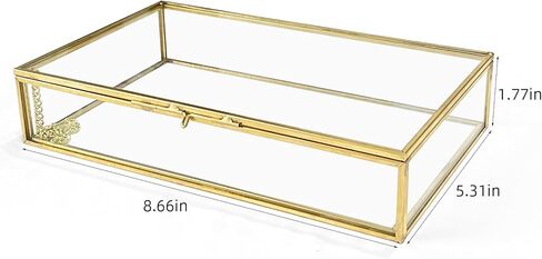 Gold Glass Jewelry Box, Vintage Glass Box with Lid with Chain Rectangle Keepsake Box Trinket Box Card Box Jewelry Display Organizer for Weddings, Events, Birthday Party(8.66x5.31x1.77in) in Saudi Arabia