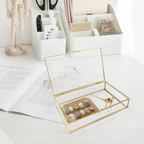 Gold Glass Jewelry Box, Vintage Glass Box with Lid with Chain Rectangle Keepsake Box Trinket Box Card Box Jewelry Display Organizer for Weddings, Events, Birthday Party(8.66x5.31x1.77in) in Saudi Arabia