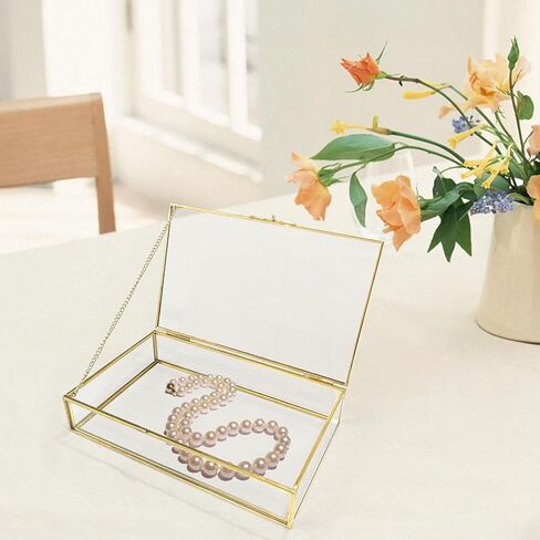 Gold Glass Jewelry Box, Vintage Glass Box with Lid with Chain Rectangle Keepsake Box Trinket Box Card Box Jewelry Display Organizer for Weddings, Events, Birthday Party(8.66x5.31x1.77in) in Saudi Arabia