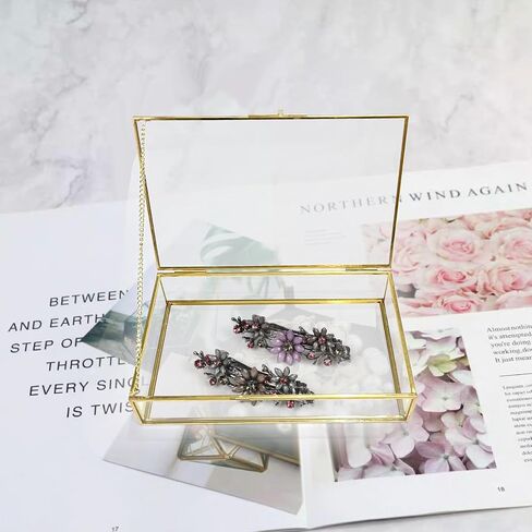 Gold Glass Jewelry Box, Vintage Glass Box with Lid with Chain Rectangle Keepsake Box Trinket Box Card Box Jewelry Display Organizer for Weddings, Events, Birthday Party(8.66x5.31x1.77in) in Saudi Arabia