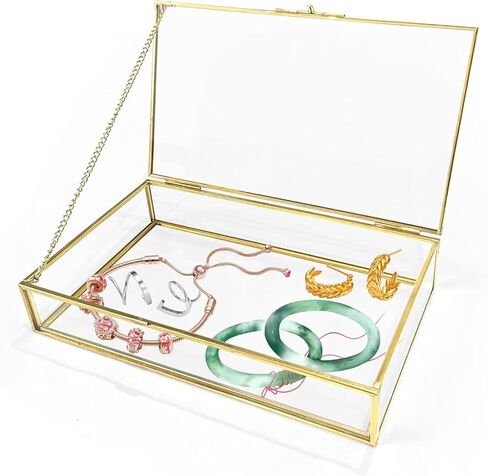 Gold Glass Jewelry Box, Vintage Glass Box with Lid with Chain Rectangle Keepsake Box Trinket Box Card Box Jewelry Display Organizer for Weddings, Events, Birthday Party(8.66x5.31x1.77in) in Saudi Arabia