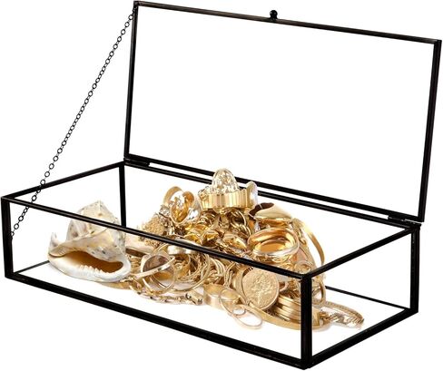 Gold Glass Jewelry Box, Vintage Glass Box with Lid with Chain Rectangle Keepsake Box Trinket Box Card Box Jewelry Display Organizer for Weddings, Events, Birthday Party(8.66x5.31x1.77in) in Saudi Arabia