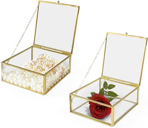 Gold Glass Jewelry Box, Vintage Glass Box with Lid with Chain Rectangle Keepsake Box Trinket Box Card Box Jewelry Display Organizer for Weddings, Events, Birthday Party(8.66x5.31x1.77in) in Saudi Arabia