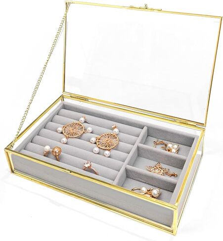 Gold Glass Jewelry Box, Vintage Glass Box with Lid with Chain Rectangle Keepsake Box Trinket Box Card Box Jewelry Display Organizer for Weddings, Events, Birthday Party(8.66x5.31x1.77in) in Saudi Arabia
