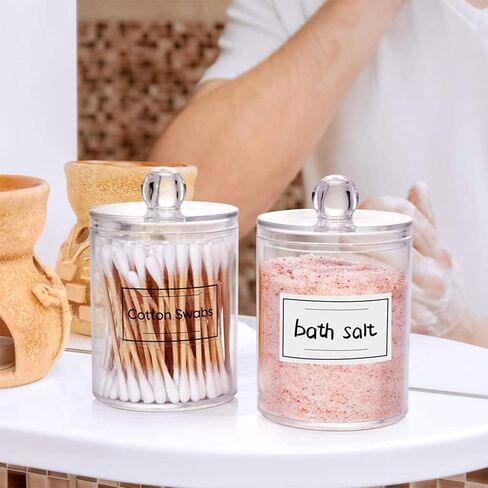 2 PACK Holder Dispenser for Cotton Swabs, Bathroom Essentials Accessories Decor, Balls, Pads, Floss Picks- Small Clear Plastic Canister Apothecary Jar Set, Vanity Makeup Storage Organizer in Saudi Arabia