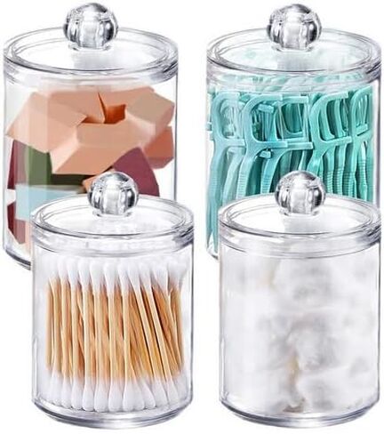 2 PACK Holder Dispenser for Cotton Swabs, Bathroom Essentials Accessories Decor, Balls, Pads, Floss Picks- Small Clear Plastic Canister Apothecary Jar Set, Vanity Makeup Storage Organizer in Saudi Arabia