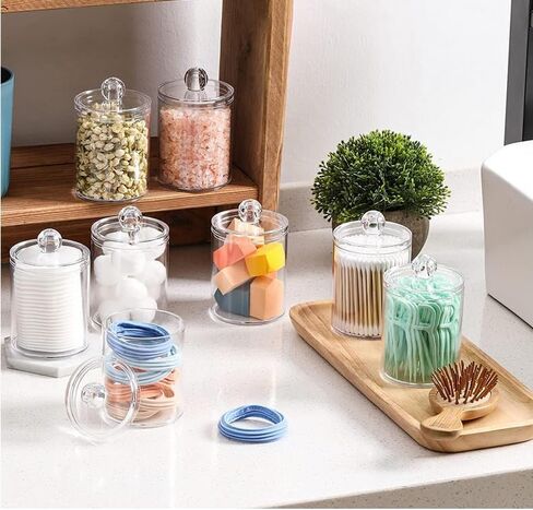 2 PACK Holder Dispenser for Cotton Swabs, Bathroom Essentials Accessories Decor, Balls, Pads, Floss Picks- Small Clear Plastic Canister Apothecary Jar Set, Vanity Makeup Storage Organizer in Saudi Arabia