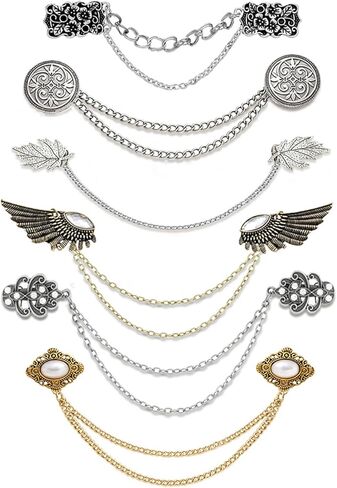 Tornito Vintage Sweater Shawl Chain Clips Retro Shirt Collar Lapel Holders Decorations With Hanging Chain Cardigan Cloak Dress Chain Clips CZ Wings Pearl Leaf Flower Patterns Brooch Pins for Women Men in Saudi Arabia