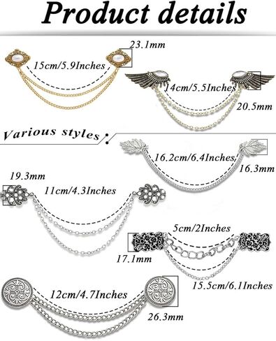 Tornito Vintage Sweater Shawl Chain Clips Retro Shirt Collar Lapel Holders Decorations With Hanging Chain Cardigan Cloak Dress Chain Clips CZ Wings Pearl Leaf Flower Patterns Brooch Pins for Women Men in Saudi Arabia