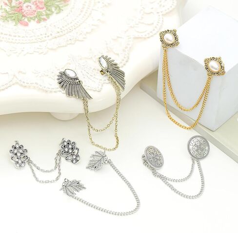 Tornito Vintage Sweater Shawl Chain Clips Retro Shirt Collar Lapel Holders Decorations With Hanging Chain Cardigan Cloak Dress Chain Clips CZ Wings Pearl Leaf Flower Patterns Brooch Pins for Women Men in Saudi Arabia