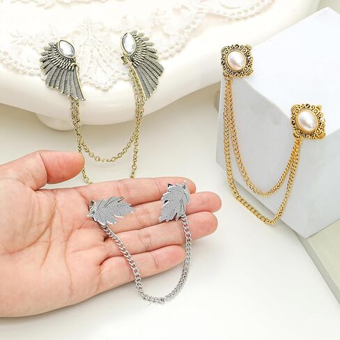 Tornito Vintage Sweater Shawl Chain Clips Retro Shirt Collar Lapel Holders Decorations With Hanging Chain Cardigan Cloak Dress Chain Clips CZ Wings Pearl Leaf Flower Patterns Brooch Pins for Women Men in Saudi Arabia